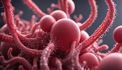 Microscopic biological structures view of virus like cells or bacteria with elongated branches resembling neurons or molecular connections. The spherical structures orange red blue purple colors