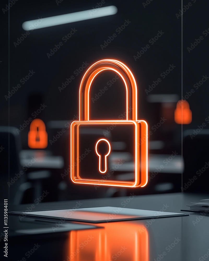 Poster illuminated lock icon symbolizing security and protection in a modern digital workspace. digital pad