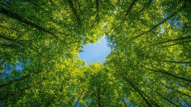 A forest scene from the ground, looking straight up at a canopy of green leaves and blue sky. - Powered by Adobe
