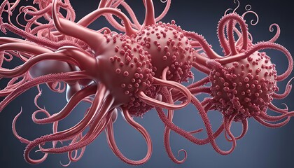 Microscopic biological structures view of virus like cells or bacteria with elongated branches resembling neurons or molecular connections. The spherical structures orange red blue purple colors