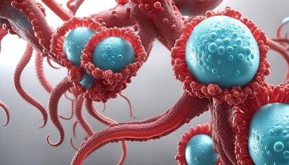 Microscopic biological structures view of virus like cells or bacteria with elongated branches resembling neurons or molecular connections. The spherical structures orange red blue purple colors