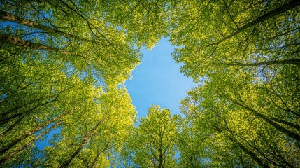 A forest scene from the ground, looking straight up at a canopy of green leaves and blue sky.