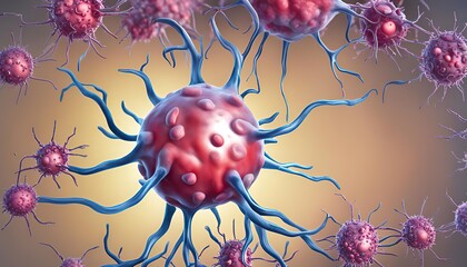 Microscopic biological structures view of virus like cells or bacteria with elongated branches resembling neurons or molecular connections. The spherical structures orange red blue purple colors