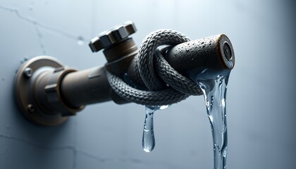 Obraz premium A tied faucet with water leaking. Symbol of water scarcity and lack of access to clean water.