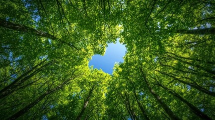 Fototapeta premium A forest scene from the ground, looking straight up at a canopy of green leaves and blue sky.