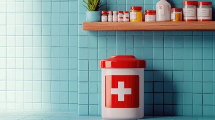 Medical healthcare concept. Medical supplies and a waste container are arranged neatly on a turquoise tiled wall.