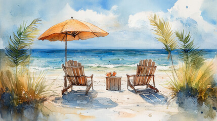 Obraz premium Relaxing beach scene with chairs, umbrella, and ocean view