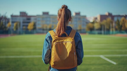 Obraz premium Young Woman with Backpack Standing on Sports Field, Looking at Urban Buildings in the Distance on a Sunny Day