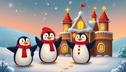 Fototapeta premium Funny Penguins Decorating a Glowing Gingerbread Castle in the Middle of a Snowy Clearing Vector Design. Free Christmas Background. Chrismas Wallpaper. Cool Wallpaper 4k