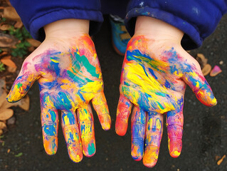 Hands, covered in vibrant paint colors. Colorful hands covered in paint showcase creativity, unity, and artistic expression and inspiration for art.