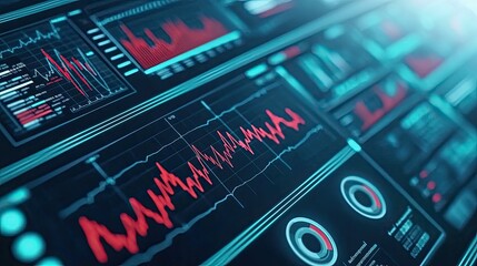 Medical healthcare concept. Abstract digital interface displaying data visualizations and analytics in vibrant red and blue tones.