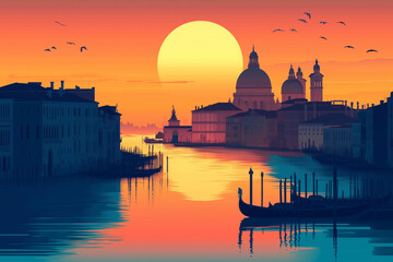 Obraz premium Illustrative View of Minimal Venice City Grand Canal at Sunset or Sunrise, Italian City Background