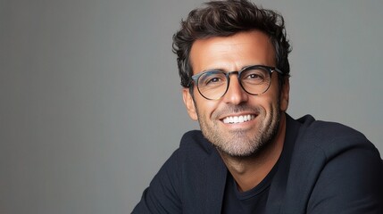 Obraz premium Confident Smiling Businessman in Business Attire with Glasses