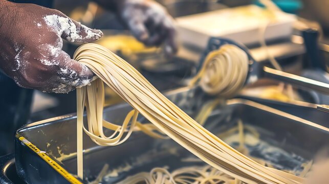 A person's hand holding a strand of freshly made pasta.