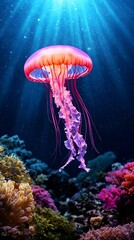 Ethereal Jellyfish Gracefully Floating Through Vibrant Coral Reef Underwater Landscape