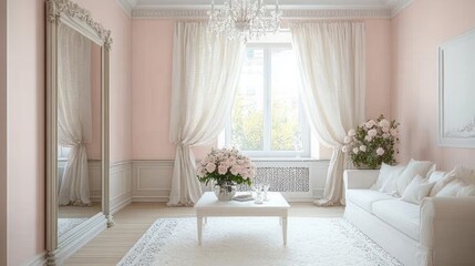 Elegant living room with blush walls, white sofa, and large window.