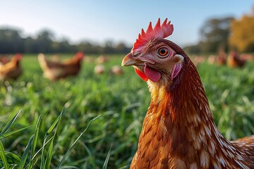 beautiful chickens, domestic chickens that graze