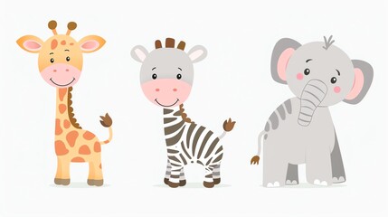 A giraffe, zebra and elephant, drawn in a cute cartoon style.