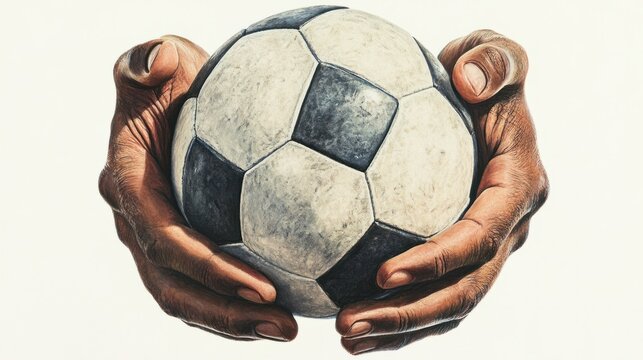 A pair of hands holding a soccer ball in a balanced grip, isolated on a bright white background