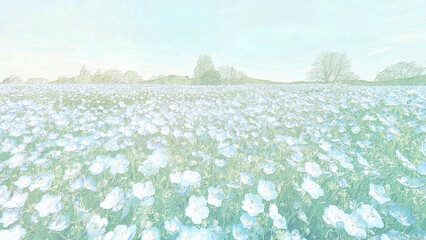 一面に広がるネモフィラ畑　絵画風
