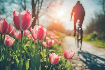 Cyclist riding through Dutch tulip fields
