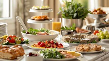 A table set for a large breakfast, with various dishes of fruit, bread, and pastries.