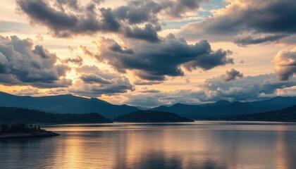 Fototapeta premium a view of a lake with a boat in the water and mountains in the background