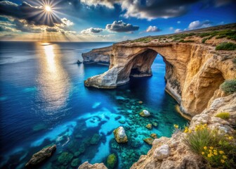 Bokeh-drenched photo of Malta's Blue Grotto showcases its dramatic archway, azure waters, and breathtaking island landscape.
