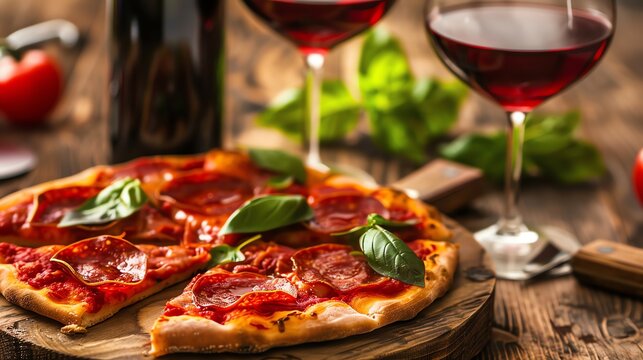 A pepperoni pizza with fresh basil, red wine and a bottle of red wine.