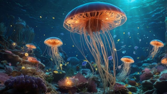 Beneath the waves, a whimsically enchanting scene unfolds: a vibrant and festive Christmas celebration under the sea. A coral-adorned sea floor serves as the backdrop for the underwater party, where a