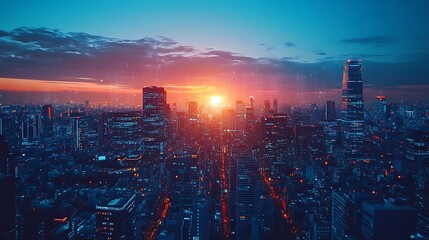 Fototapeta premium Sunset over city skyline urban environment aerial view serenity