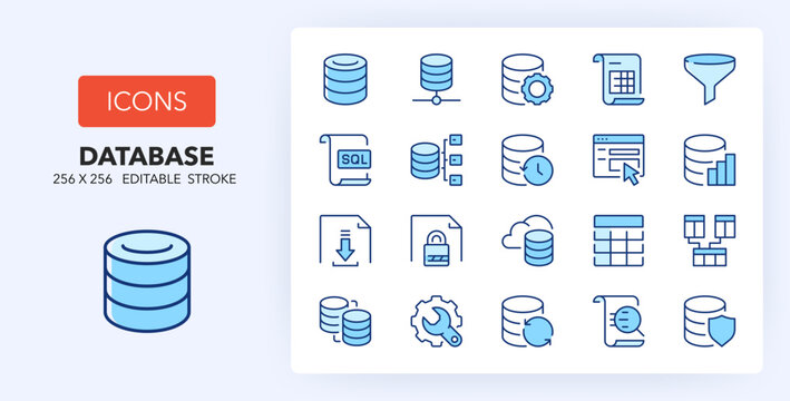 Line icons about database and data technology. Contains such icons as server, storage, security and more. 256x256 Pixel Perfect editable in two colors