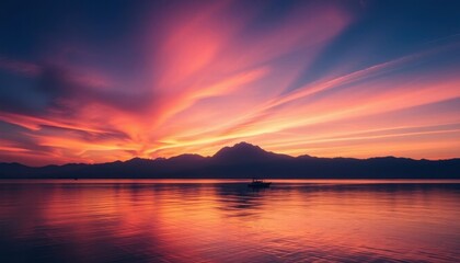 a view of a boat in the water at sunset with mountains in the background