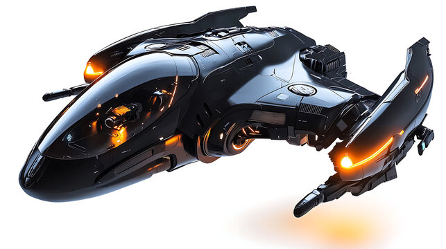 A futuristic black space ship with orange lights on the front