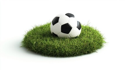 Fototapeta premium A soccer ball on a grassy patch isolated on a white background, representing the spirit of the game