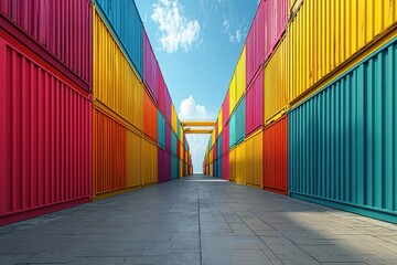 Fototapeta premium Vibrant dockside operations with colorful shipping containers urban environment high fidelity photography perspective