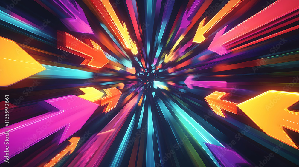 Poster a vibrant explosion of colorful arrows radiating outward, creating a dynamic and energetic visual ef