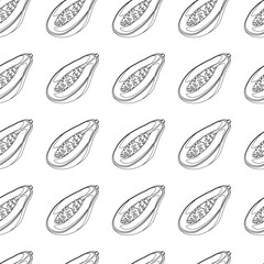 Papaya outline seamless pattern on white background. Wrapping paper, gift card, poster, banner design. Home decor, modern textile print. Summer bright geometric fruits patterned.