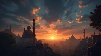 Obraz premium A majestic sunset over the Islamic City, Generative AI