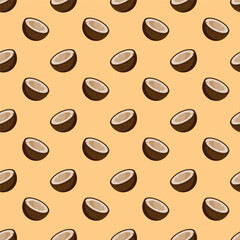 Coconut flat seamless pattern on orange background. Wrapping paper, gift card, poster, banner design. Home decor, modern textile print. Summer bright geometric fruits patterned.