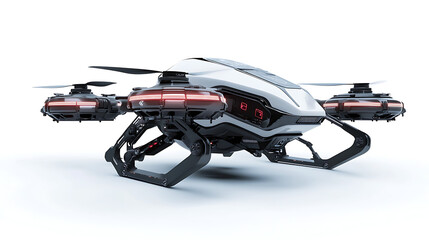 A futuristic looking drone with red and black lights on it
