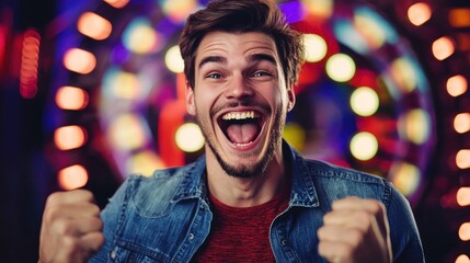 a game show contestant being declared the lucky winner, holding their prize in excitement.