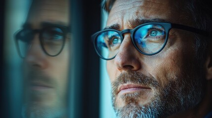 Thoughtful Middle-Aged Man with Stylish Glasses Gazes Intently Through a Window Reflecting on Life Experiences and Contemplating Future Possibilities