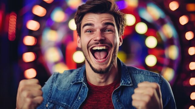 a game show contestant being declared the lucky winner, holding their prize in excitement.