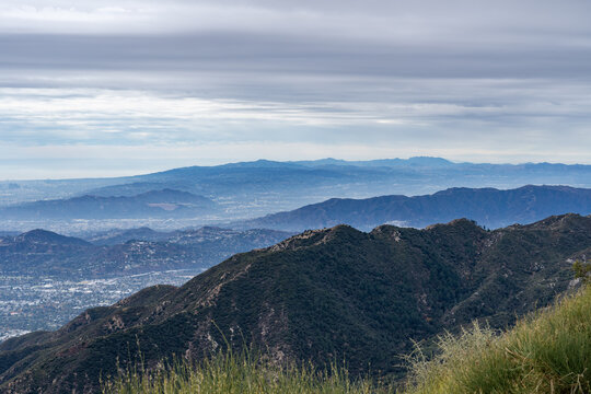 Santa Monica Mountains with Verdugo Mountains and San Rafael Hil. San Gabriel Mountains, Los Angeles County, California. Angeles National Forest / San Gabriel Mountains National Monument. Mount Wilson