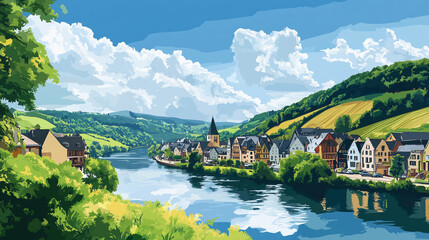 Fototapeta premium Illustration, Cochem at the Moselle river, touristic advertisement poster. Beautiful town in Germany. Must-see touristic spot near Mosel river. Mockup for touristic poster, advertisement. Beautiful tr