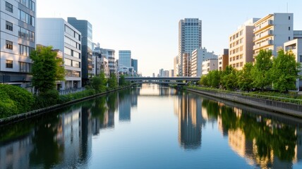 Naklejka premium serene urban cityscape featuring tranquil river and buildings