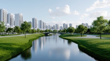 Obraz premium serene urban cityscape featuring river and greenery