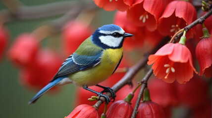 Fototapeta premium Blue tit perched on flower branch