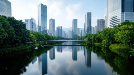 Fototapeta premium serene urban cityscape featuring tranquil river and greenery